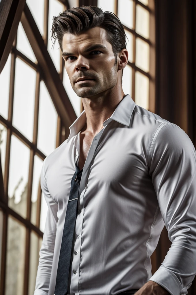 Hyperrealistic photograph of the real Daniel Gillies from The Originals, with exact features to Elijah Mikaelson, looking over the huge illuminated window. He has a tight-fitting white shirt..