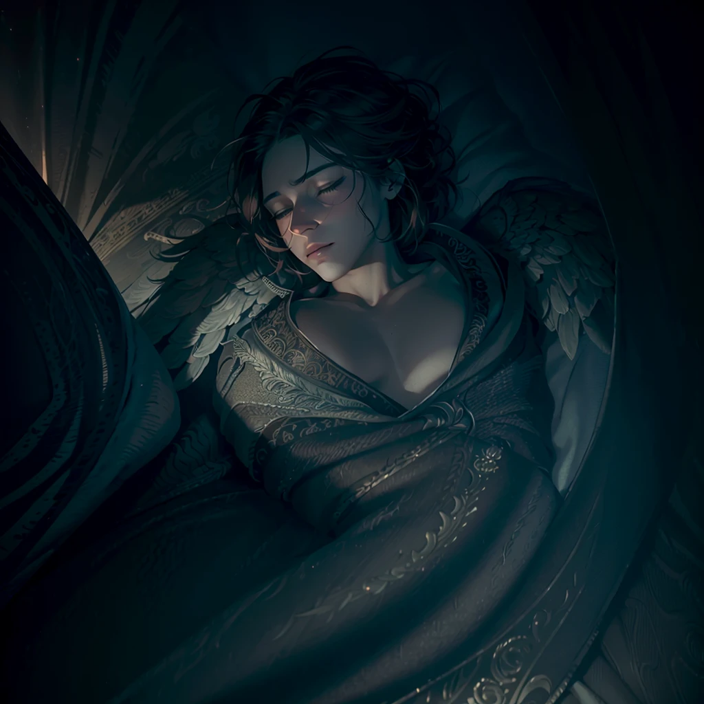 a peaceful sleeping man,an angel watching over him,night scene,hyperdetailed,extremely detailed,vibrant colors,high resolution,dramatic lighting,cinematic atmosphere,photorealistic,chiaroscuro lighting,beautiful bedding and pillows,soft fabric textures,glowing aura around the angel,detailed feathers and wings,delicate facial features,serene expression on the man's face,warm color palette,dramatic shadows and highlights,professional 3D render,intricate details,seamless blend of realism and fantasy