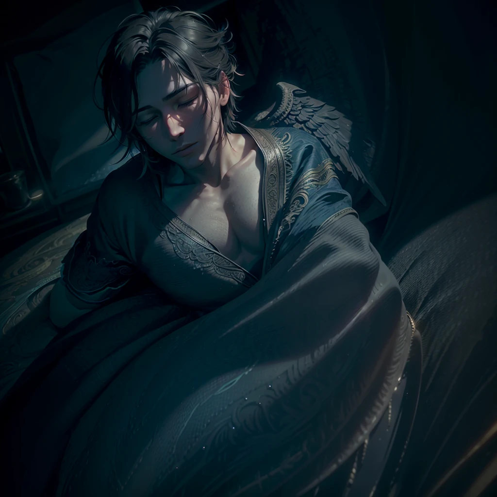 a peaceful sleeping man,an angel watching over him,night scene,hyperdetailed,extremely detailed,vibrant colors,high resolution,dramatic lighting,cinematic atmosphere,photorealistic,chiaroscuro lighting,beautiful bedding and pillows,soft fabric textures,glowing aura around the angel,detailed feathers and wings,delicate facial features,serene expression on the man's face,warm color palette,dramatic shadows and highlights,professional 3D render,intricate details,seamless blend of realism and fantasy