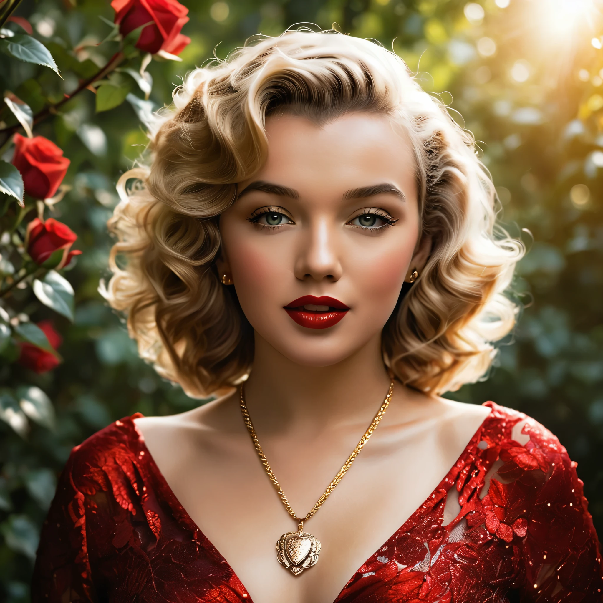 Create a highly detailed and realistic portrait of a young Marilyn Monroe with long, wavy brown hair adorned with red roses. She has striking, expressive eyes and a calm, composed expression. She is wearing a vintage-style outfit with a necklace featuring a pendant. The background is a soft-focus natural setting with warm, dappled sunlight filtering through the leaves, enhancing the serene and romantic atmosphere. The style should be hyper-realistic with a touch of romanticism. Photo Realistic photo, vibrant colors, 16k