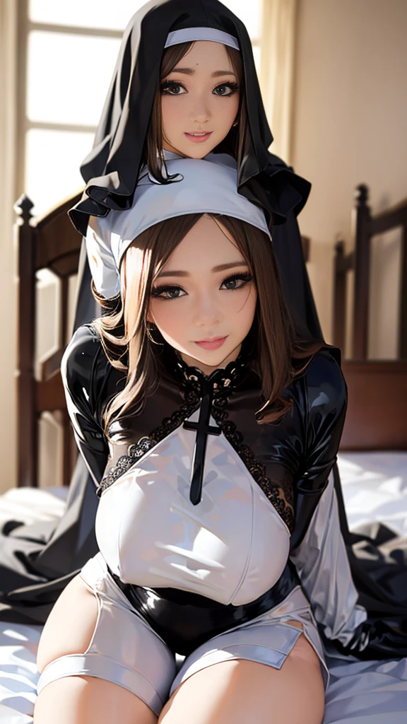 A beautiful woman dressed as a church sister, Strike a pose gracefully. She has a perfect face、, Expressive eyes, Narrow, narrow eyes、Detailed eyes、long flowing hair, And a kind smile. Her body is perfectly balanced, With a slim waist and beautiful curves. 彼女の教会のNunsたちの衣装は伝統的な要素で飾られている., Veilと複雑な刺繍が施された控えめなドレスが含まれています. The embroidery is delicate, beautiful, Casually sexy, Enhance the elegance of your outfit. This dress has a high neck and long sleeves..., Decorated with lace and intricate patterns. Veil,is of high quality, The translucent material flows gracefully over the shoulders... The background is soft and blurry、Focus on her.. , Maintaining balance throughout the body. The character needs to appear graceful and confident.... , Embarrassing, (Nuns),(Cross Necklace), Latex bodysuit, Shiny clothes, Perfect fit for your skin, habit, Latex gloves,Black bodysuit,Thigh-high boots, No sleeve,
(night:1.8, Dim lighting:1.5, Dark Room:1.5, Sexy bedroom:1.5)