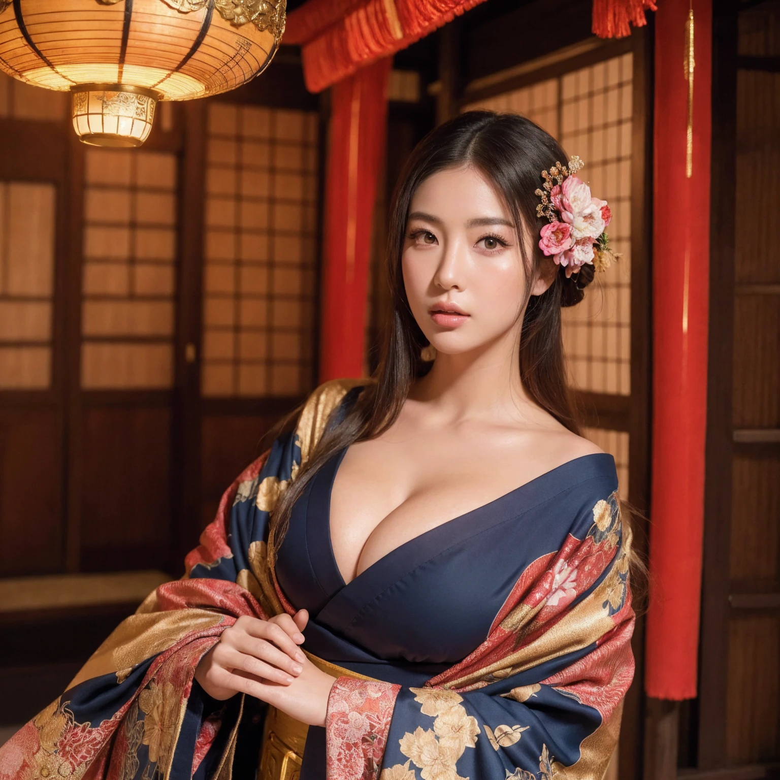 big breasted japanese woman in elaborate kimono, ornate shrine, cinematic atmosphere, (best quality,4k,8k,highres,masterpiece:1.2),ultra-detailed,(realistic,photorealistic,photo-realistic:1.37),(looking at viewer),highly detailed face,beautiful detailed eyes,beautiful detailed lips,extremely detailed eyes and face,long eyelashes,intricate kimono design,ornate shrine background,warm lighting,dramatic shadows,vibrant colors,photorealistic