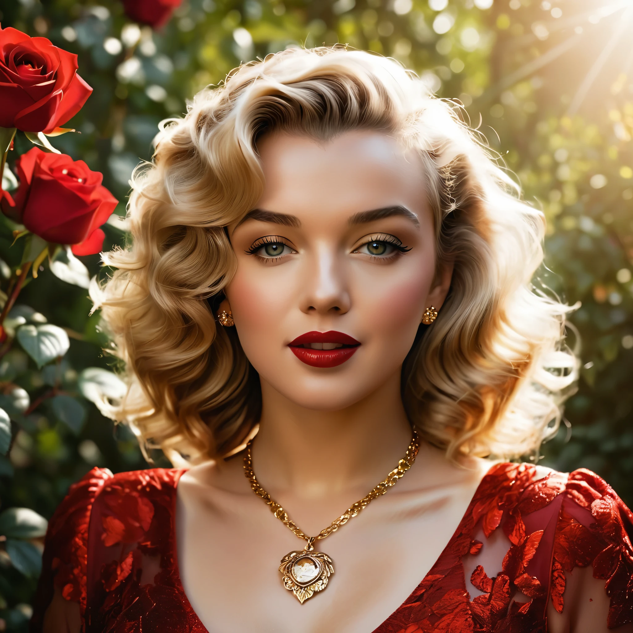 Create a highly detailed and realistic portrait of a young Marilyn Monroe with long, wavy brown hair adorned with red roses. She has striking, expressive eyes and a calm, composed expression. She is wearing a vintage-style outfit with a necklace featuring a pendant. The background is a soft-focus natural setting with warm, dappled sunlight filtering through the leaves, enhancing the serene and romantic atmosphere. The style should be hyper-realistic with a touch of romanticism. Photo Realistic photo, vibrant colors, 16k