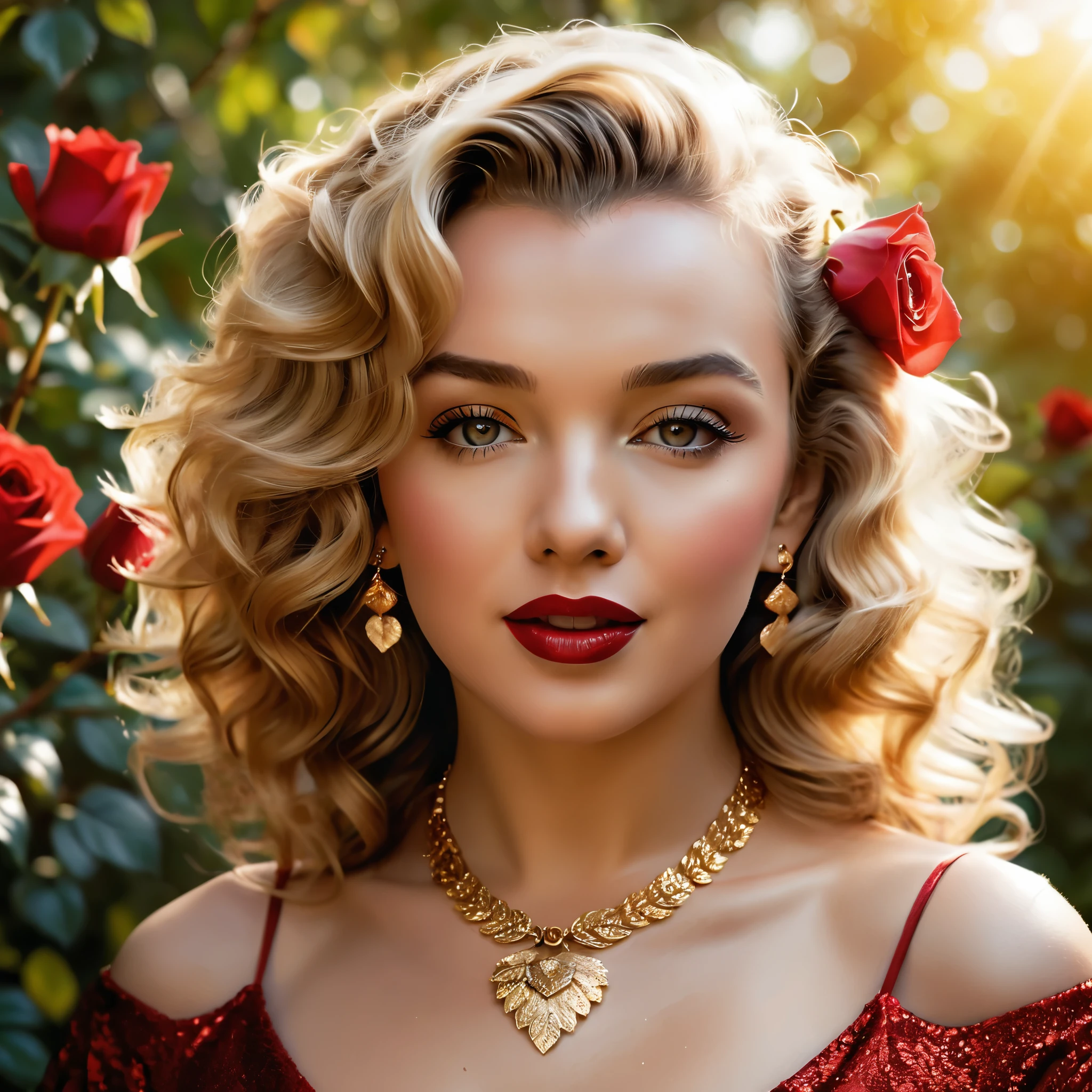 Create a highly detailed and realistic portrait of a young Marilyn Monroe with long, wavy brown hair adorned with red roses. She has striking, expressive eyes and a calm, composed expression. She is wearing a vintage-style outfit with a necklace featuring a pendant. The background is a soft-focus natural setting with warm, dappled sunlight filtering through the leaves, enhancing the serene and romantic atmosphere. The style should be hyper-realistic with a touch of romanticism. Photo Realistic photo, vibrant colors, 16k