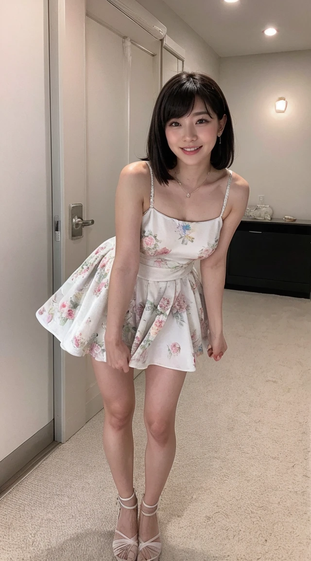 Sharp lines,Highest quality, Masterpiece、High-quality photos、Canon Photo Crystal Clear ,(Realistically:1.2), (Floral mini skirt dress)、Sassy pose、Take a full body photo、sweat, blush, narrow eyes, open mouth,smile、Gorgeous hairstyle