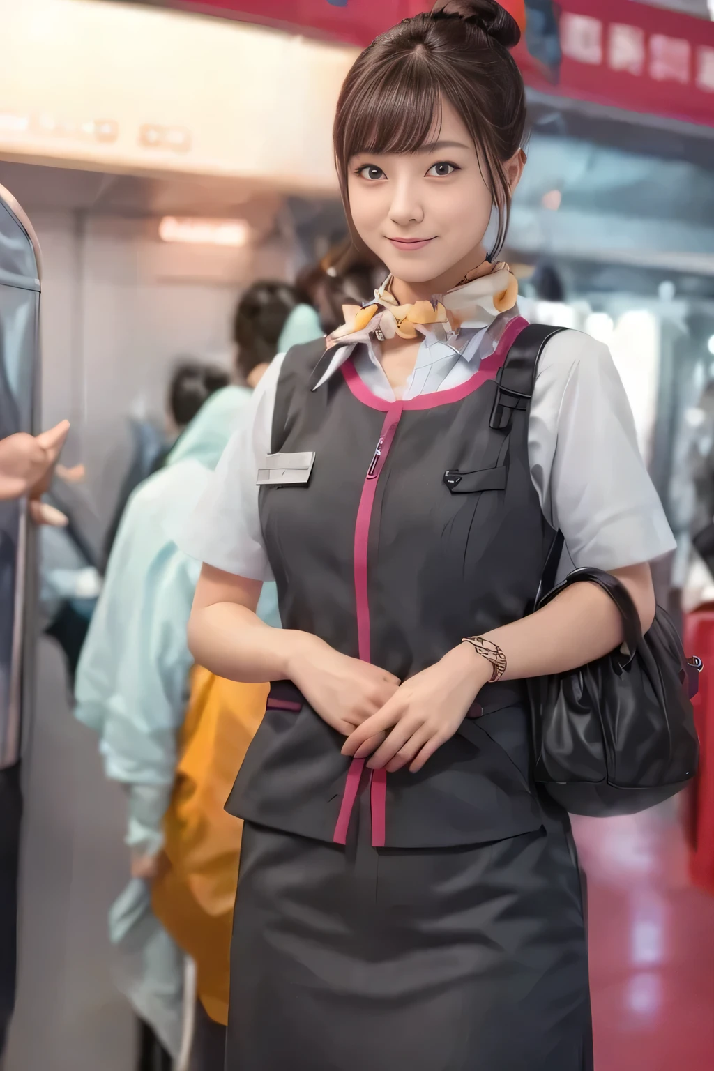 (masterpiece:1.2, Highest quality:1.2), 32k HDR, High resolution, (alone、One girl)、(Ride the bullet train、Professional Lighting)、Background in the car、(Realistic style of JR Gran Class crew uniform)、Short sleeve blouse、a scarf around the neck、(JR Gran Class flight attendant uniform with pink parts on the skirt sleeves)、(The uniform of a flight attendant in JR Gran Class has a pink line on the front zipper of the vest.)、Dark brown hair、(Hair tied up、Hair Bun、Hair Bun)、Dark brown hair、Long Shot、Big Breasts、((Great hands:2.0)),((Harmonious body proportions:1.5)),((Normal limbs:2.0)),((Normal finger:2.0)),((Delicate eyes:2.0)),((Normal eyes:2.0)))、Luxury Necklace、smile、Beautiful standing posture,