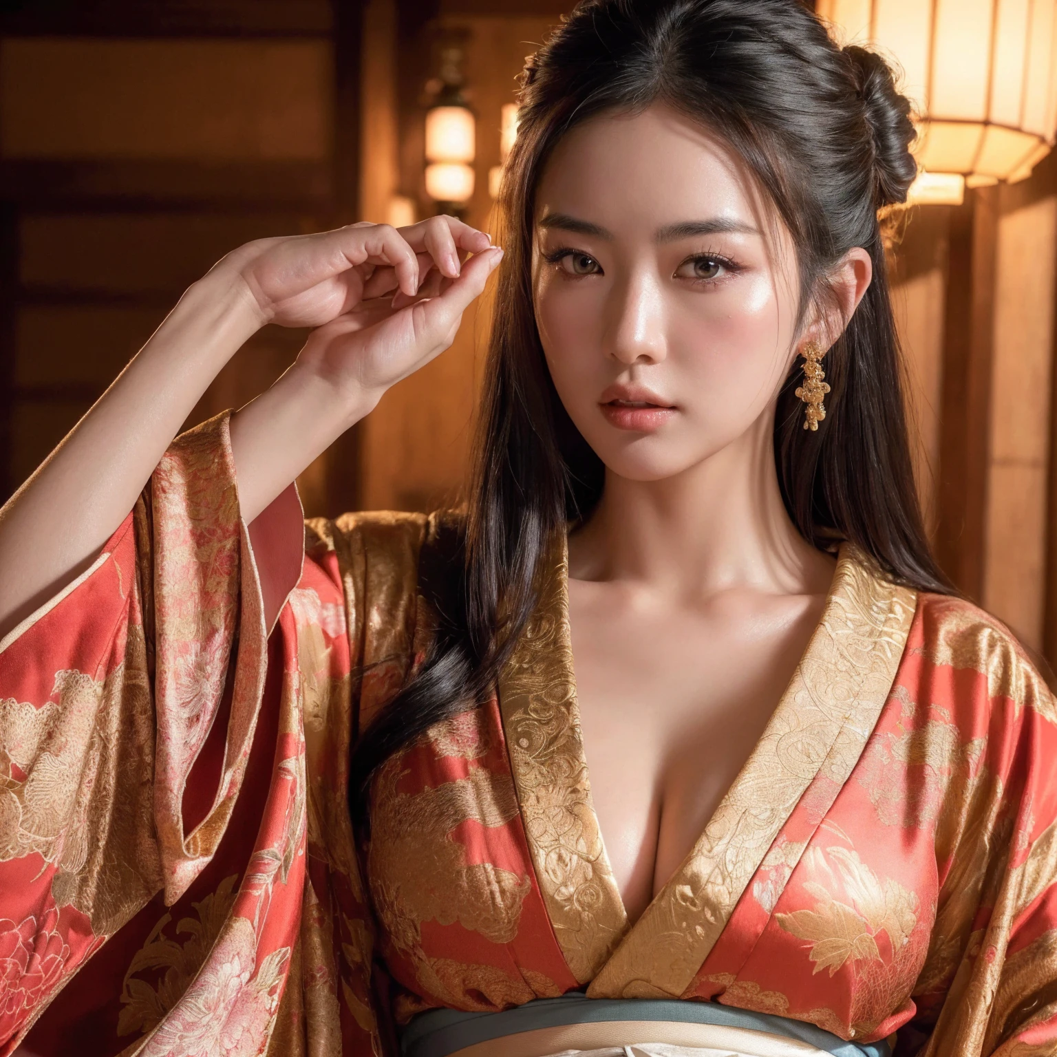 big breasted japanese woman wearing elaborate kimono, shrine, cinematic atmosphere, (best quality,4k,8k,highres,masterpiece:1.2),ultra-detailed,(realistic,photorealistic,photo-realistic:1.37),(looking at viewer),intricate details,beautiful ornate kimono,detailed facial features,detailed eyes and lips,elegant pose,dramatic lighting,vibrant colors,ornate background