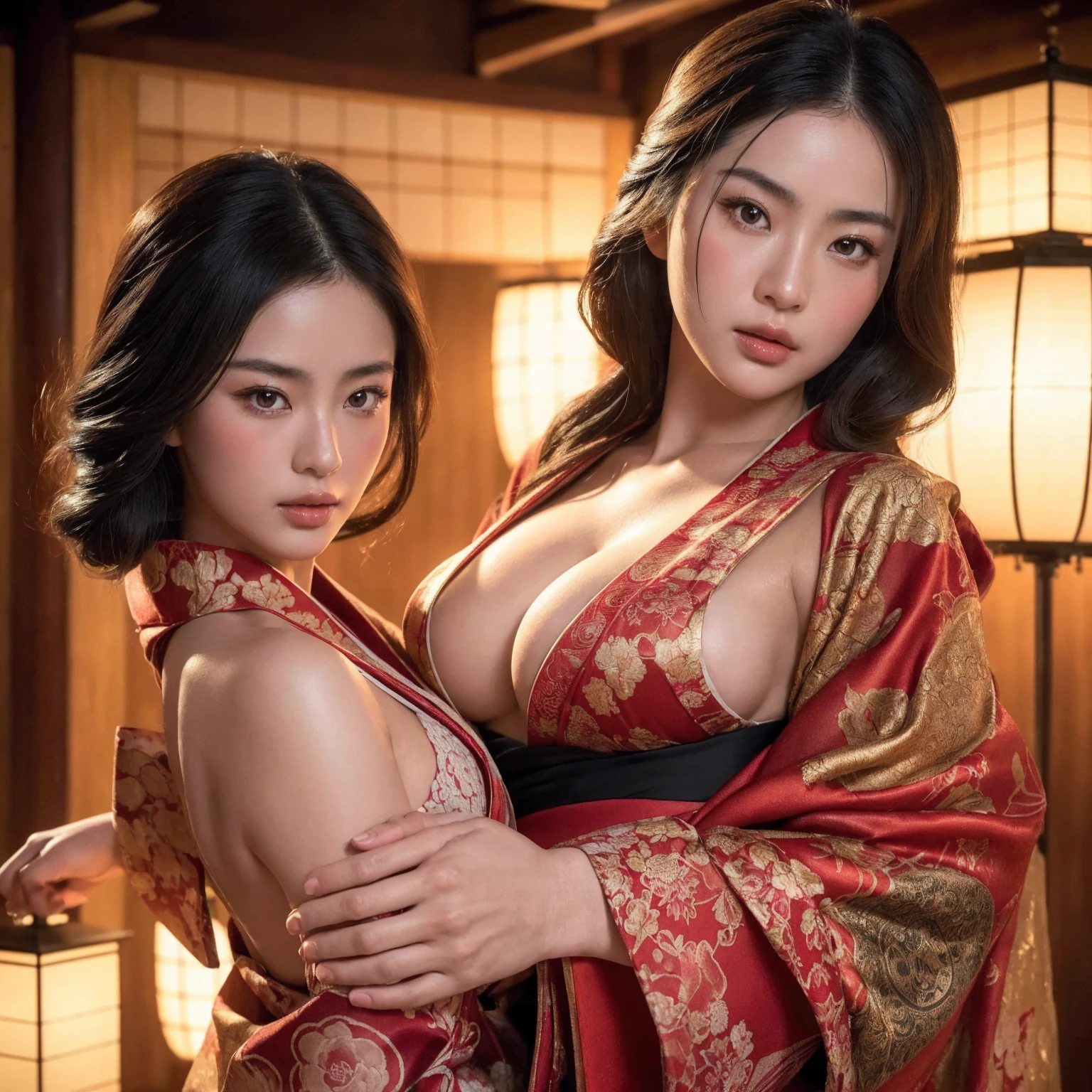 big breasted japanese woman wearing elaborate kimono, shrine, cinematic atmosphere, (best quality,4k,8k,highres,masterpiece:1.2),ultra-detailed,(realistic,photorealistic,photo-realistic:1.37),(looking at viewer),intricate details,beautiful ornate kimono,detailed facial features,detailed eyes and lips,elegant pose,dramatic lighting,vibrant colors,ornate background