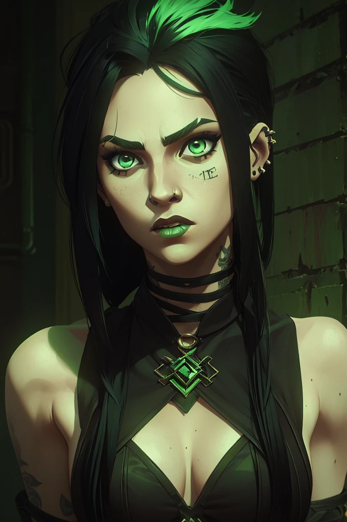 only one girl, black hair and phospor green underlights, green eyes, has tattoos, piercings, light skin but not that light, long hair gothic dark style punk diesel, just her face