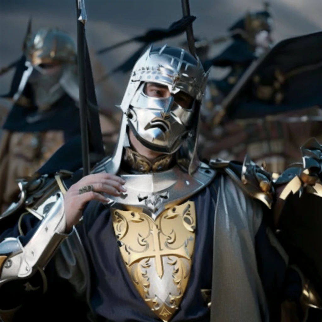 arafed knight in full armor, medieval crusader saint, Edward Norton as King Baldwin IV, medieval crusader saint, square-jawed in medieval clothing, paladin of light, medieval saint crusader knight, silver armor with gold ornaments and covered with white silk, shades clear, dramatic mask, dramatic light