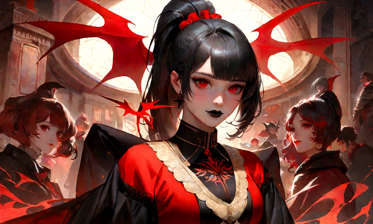 1 beautiful devil woman from hell, in dark: 1.6), portraite feminino surreal de David Hockney e Alphonse Mucha, Fantasyart, doll korea, fotorrealism, dynamic lighting, art station, posters, volumetric lighting, Very Detailed Faces, 8k ultra, awardwinning, in dark, deep shadow, subtle, cowboy lens, (Red phoenix dress: 1.4), long hair, Bblack hair, Bustness, luxurious palace, Royal style, devil crown, red eyes make up very sharp and detailed, the most beautiful face, The breasts are very large and round and round, super realistico, chinese women's clothing, gola polo sweater, charming smile, The eyes are very well done, Guweiz, devil's style, wearing black mesh socks, Ponytail with a bow tied at the back of the hair, red and black lips, Devil tattoo on shoulder, wearing a thin red and black cloak, the landscape is cloudy and thunderous, (portraite), Close-up of the main character, (Background details 1.8),
