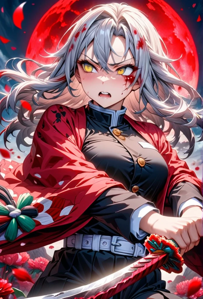 Ultra detailed, highres, absurdres, HDR, master piece, anime girl, pretty woman, white long hair with red streaks, expressive yellow eyes, red haori with patters of blood, black demon slayer uniform, Kimetsu No Yaiba, fantasy, petals, red flowers, pretty, woman grabbing a sword, solo, magic, shining red blood details, red moon, best quality, extremely detailed face and eyes, blood, grabbing a sword, fighting, feral face expression, red kami katana with gray tsuba