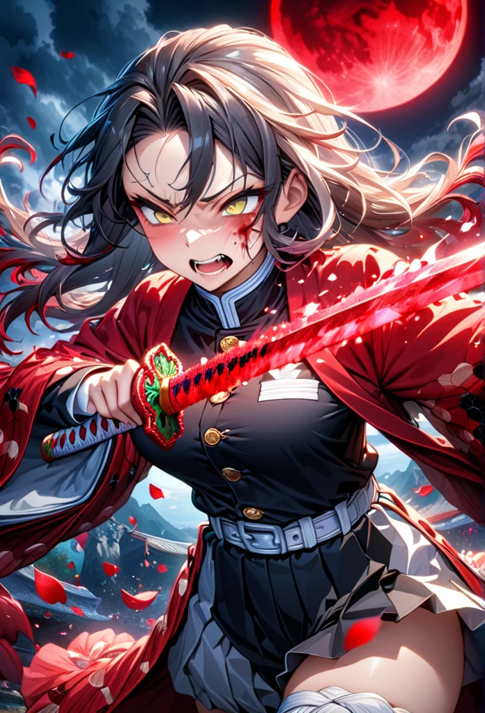 Ultra detailed, highres, absurdres, HDR, master piece, anime adult woman, pretty woman, white long hair with red streaks, expressive yellow eyes, red haori with patters of blood, black demon slayer uniform, Kimetsu No Yaiba, fantasy, petals, red flowers, pretty, woman grabbing a sword, solo, magic, shining red blood details, red moon, best quality, extremely detailed face and eyes, blood, grabbing a sword, fighting, feral face expression