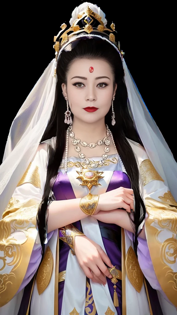 Close-up of woman wearing purple dress and black dress, Wearing a golden crown,Dressed in white veil,A young woman plays, Queen of the Sea Mu Yanling, Inspired by Huang Ji, Inspired by Lv Ji, Chinese Queen, Chinese Princess, Inspired by trees, Kazakh Queen, Inspired by Zhang Yin, Inspired by Li Tang