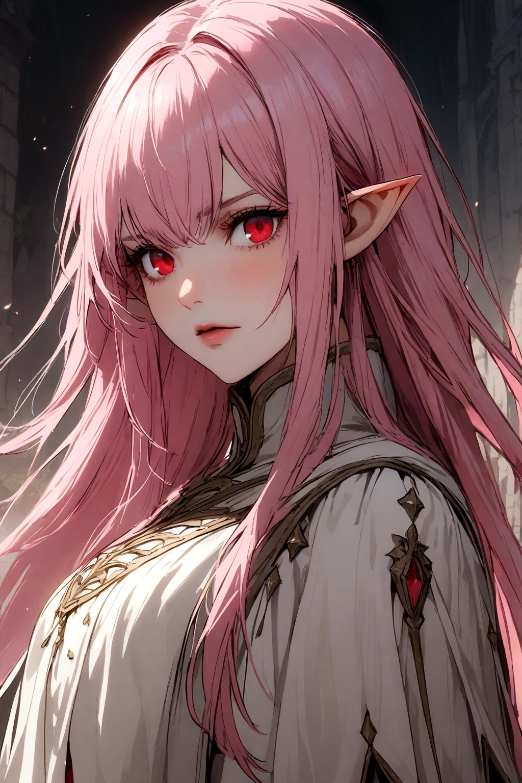 female elf, , long straight pink hair, white medieval clothing , Eyes red