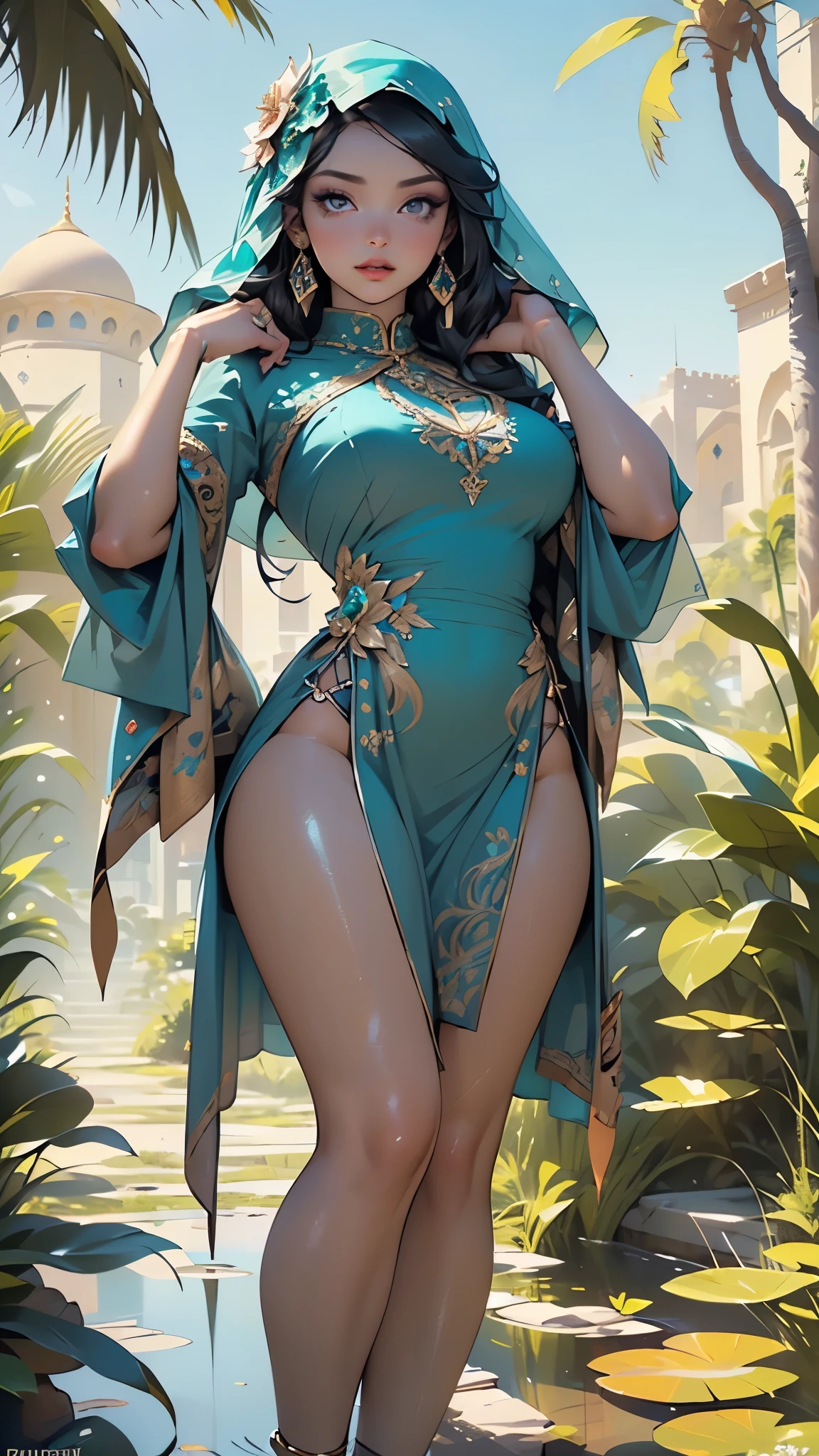 Persian warrior,1girl,
(large breasts:1.4),(((black hair))),(((aqua_eyes:1.3))),intricate eyes,beautiful detailed eyes,symmetrical eyes,((((tan,dark skin,black skin:1.35,dark-skinned_female,dark skin:1.3,ebony skin,lustrous skin:1.5,bright skin: 1.5,shiny skin,very shiny skin,shiny body)))),,(spider lower abdomen,narrow waist,wide hip,athletic body,inflated legs,thick thighs,(detailed face)),beautiful detailed lips,
cute,slutty,sensual,seductive look,seductive,((erotic)),opulent,sumptuous,((nsfw)),
(((Muslim woman in long turquoise dress with crystal decorations))), (((muscular body covered by a Hoyoverse style technical dress, veil covering the head))), (eyes with a lot of makeup), many jewelry and ornaments,earrings,(((eyeshadow,arabian makeup,eyelid makeup))),(((intricate outfit,embroidered outfit,ornate outfit,intricate cloth,embroidered cloth,ornate cloth))),
(dynamic pose:1.3), looking at viewer,embarrassed,centered,scale to fit dimensions,Rule of thirds,
outdoors,(Arab palace,Arab palace background,pyramids in the background),scenery,(oasis,oasis background),extremely scenery,(puddles everywhere,moss,moss on the background),clouds,Arab style,Arab castle,lily pads,palms,reeds,(sunset, golden hour),
(Glossy Arab ornaments),highres,sharp focus,(ultra detailed,extremely detailed),(photorealistic artwork:1.37),(extremely detailed CG unity 8k wallpaper),(((vibrant colors,vibrant theme))),(intricate),(masterpiece),(best quality),artistic photography,(photography taken by sldr),(intricate background),perfect rendered face,perfect face details,realistic face,photo realistic,((intricate detail)),(((realism))),