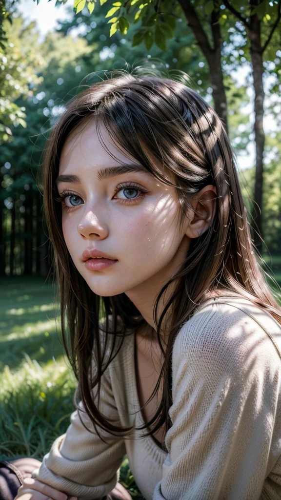 1girl, beautiful girl, detailed eyes, detailed lips, long eyelashes, realistic portrait, cinematic lighting, highly detailed, 8k, photorealistic, studio lighting, vibrant colors, warm color palette, natural lighting, detailed skin, intricate hair strands, elegant expression, serene atmosphere, outdoor garden setting, flowery background, lush foliage, sunlight filtering through leaves