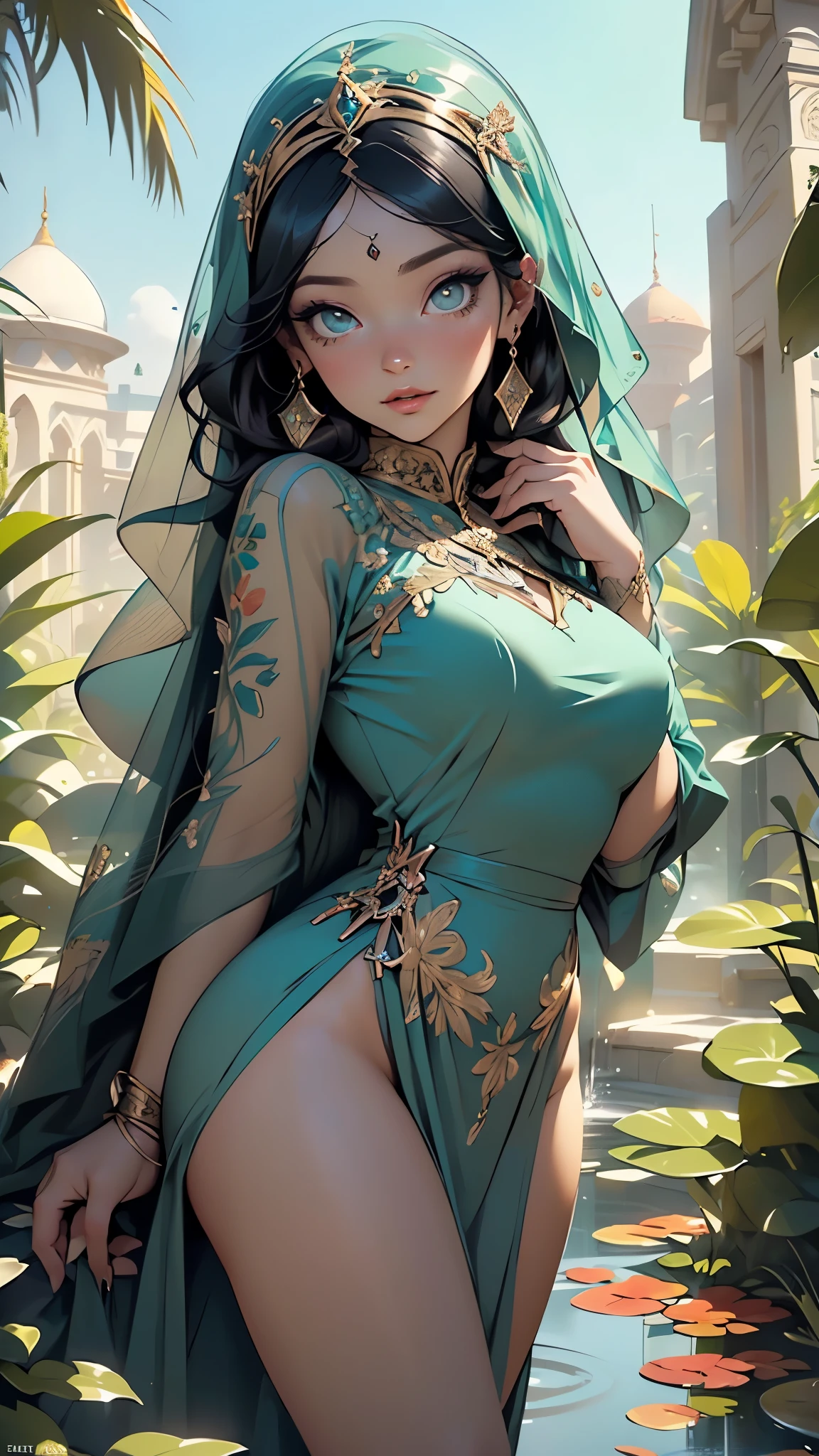 Persian warrior,1girl,
(large breasts:1.4),(((black hair))),(((aqua_eyes:1.3))),intricate eyes,beautiful detailed eyes,symmetrical eyes,((((tan,dark skin,black skin:1.35,dark-skinned_female,dark skin:1.3,ebony skin,lustrous skin:1.5,bright skin: 1.5,shiny skin,very shiny skin,shiny body)))),,(spider lower abdomen,narrow waist,wide hip,athletic body,inflated legs,thick thighs,(detailed face)),beautiful detailed lips,
cute,slutty,sensual,seductive look,seductive,((erotic)),opulent,sumptuous,((nsfw)),
(((Muslim woman in long turquoise dress with crystal decorations))), (((muscular body covered by a Hoyoverse style technical dress, veil covering the head))), (eyes with a lot of makeup), many jewelry and ornaments,earrings,(((eyeshadow,arabian makeup,eyelid makeup))),(((intricate outfit,embroidered outfit,ornate outfit,intricate cloth,embroidered cloth,ornate cloth))),
(dynamic pose:1.3), looking at viewer,embarrassed,centered,scale to fit dimensions,Rule of thirds,
outdoors,(Arab palace,Arab palace background,pyramids in the background),scenery,(oasis,oasis background),extremely scenery,(puddles everywhere,moss,moss on the background),clouds,Arab style,Arab castle,lily pads,palms,reeds,(sunset, golden hour),
(Glossy Arab ornaments),highres,sharp focus,(ultra detailed,extremely detailed),(photorealistic artwork:1.37),(extremely detailed CG unity 8k wallpaper),(((vibrant colors,vibrant theme))),(intricate),(masterpiece),(best quality),artistic photography,(photography taken by sldr),(intricate background),perfect rendered face,perfect face details,realistic face,photo realistic,((intricate detail)),(((realism))),