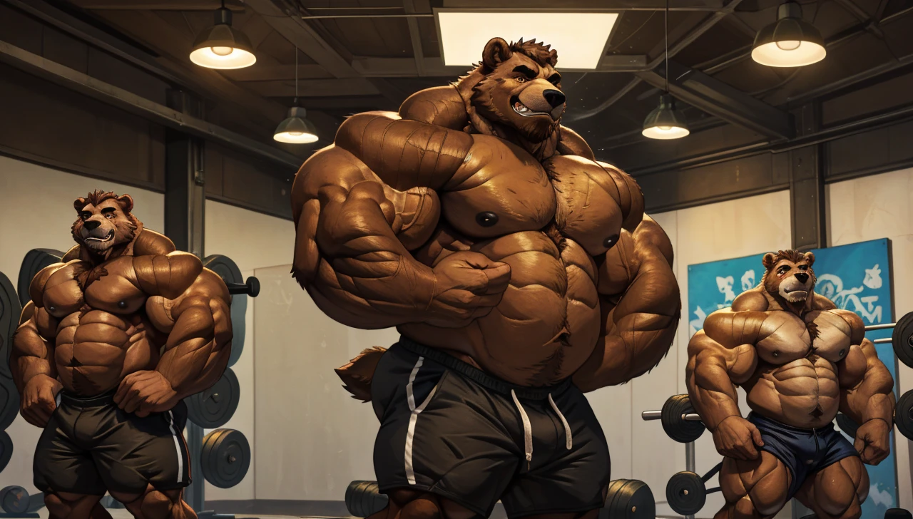 (best quality, 4k, highres, masterpiece:1.2), 1bear, 1boy, ultra-detailed, fury, furry art (realistic, photorealistic, photo-realistic:1.37), massive muscular, huge muscular, chubby Grizzly bear, working out, deadlifts, workout in the gym, pumping his huge muscles, straining, sweating, black shorts and black wristbands, lifting heaviest weight, barbells, gym equipments, brown hair, thick brown fur, super thick arms, super big pectoral, super wide hairy pectoral, topless, shirtless, eyebrows, impressive brown beard, strong jawline, kind eyes, strong arms, proud posture, well-built physique, professional lighting and backdrop, intense shadows, vibrant colors, dramatic composition, gritty texture, vintage aesthetic, dynamic perspective. Add textures and details to make the image more realistic, such as the appearance of the body built muscles texture and the appearance of the brown fur,