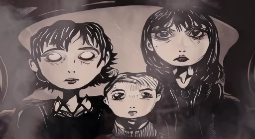 asoue lemony snicket a series of unfortunate events a close up of a drawing of a group of people, goth family, junji ito undertones, art style of junji ito, junji ito artwork, animated film still, still from animated horror movie, pixivs and junji ito, in style of junji ito, ito junji art, style of junji ito, junji ito style