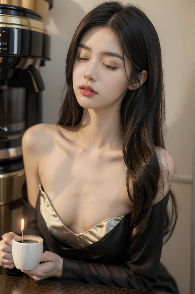 (((best quality))),(((ultra detailed))),(((masterpiece))),illustration,((1 beautiful young girl,solo,)),((slim,thin)),((small breasts,flat chest)),(shoulder length straight bob hair:1.2),(round face:1.2),delicate, sitting on the chair beside the dining table,cheongsam-style lace dress,luxurious, exquisite, smooth skin, delicate facial features, pouted lips, doll-like appearance,(a cup of coffee:1.3), blinking,((close eyes,open mouth,female orgasmic,blush,ahegao, tongue sticking out)), exhaling, soft light, warm glow, pitch-black kitchen, dim light, eerie atmosphere, mysterious, soft hum, air conditioner, ticking clock, tranquil, ominous, otherworldly feel,darkness, loneliness, unaware, world outside,(from front,upper body),(night scene:1.5)