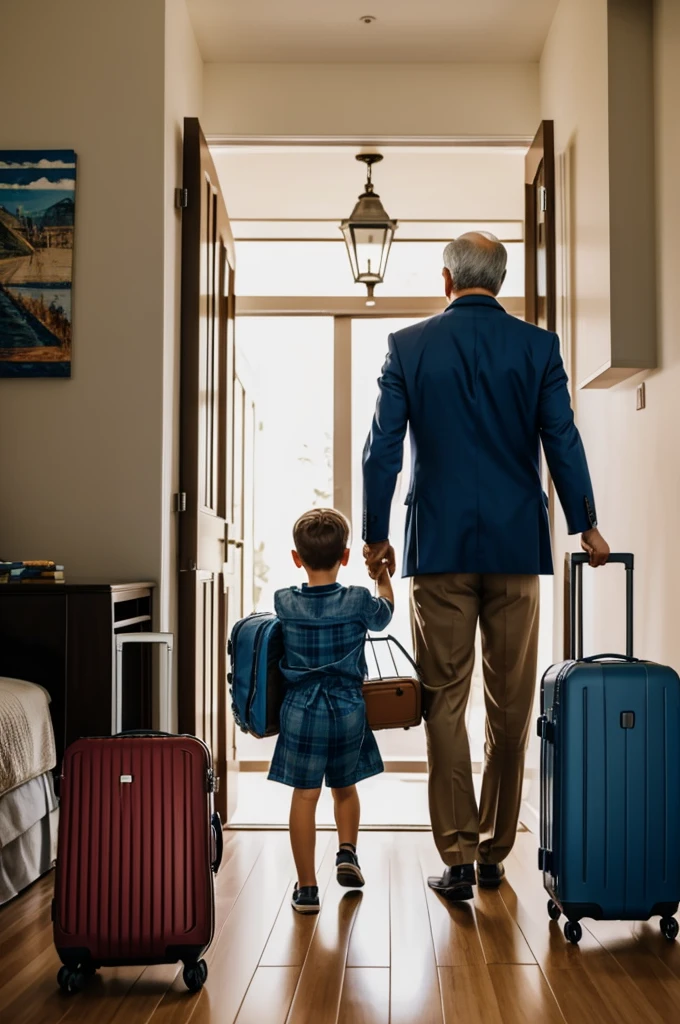 Father leaving home with his suitcases