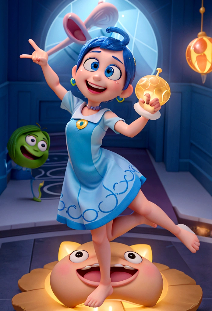 Based on the characters from Inside Out 2, create Joy: A PNG of Joy in her iconic blue dress, a radiant smile, and sparkling eyes, conveying joy and positivity.