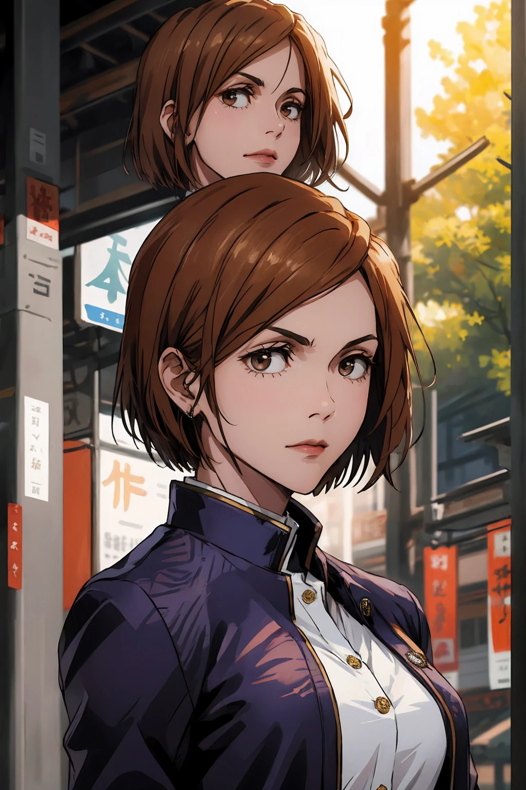 1girl, cowboy shot, beautiful Nobara, school_uniform, bangs, jacket,, volumetric lighting, best quality, masterpiece, intricate details, tonemapping, sharp focus, hyper detailed, trending on Art Station, 4k, upper body, fighting