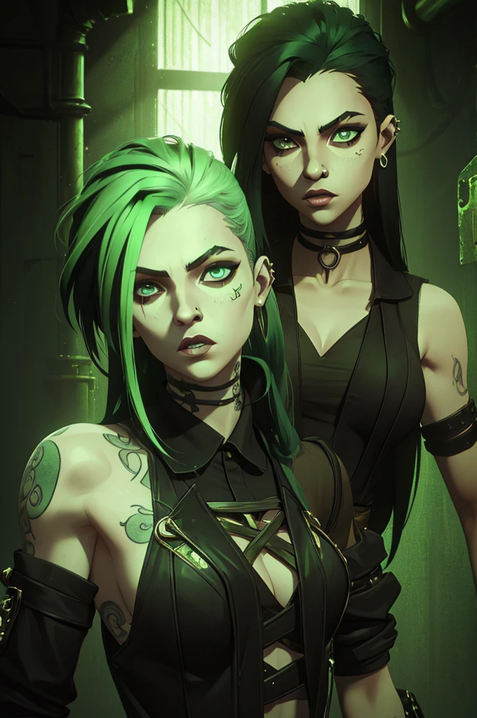 only one girl, black hair and phospor green underlights, green eyes, has tattoos, piercings, light skin but not that light, long hair gothic dark style punk diesel, just her face