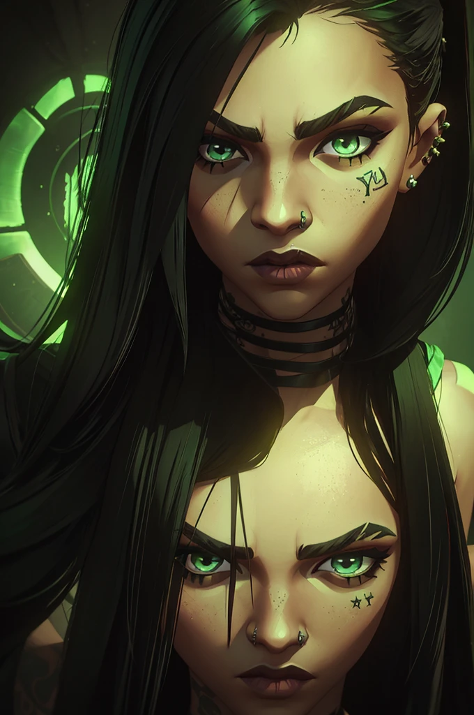only one girl, black hair and phospor green underlights, green eyes, has tattoos, piercings, light skin but not that light, long hair gothic dark style punk diesel, just her face