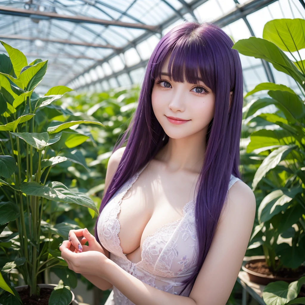 、best quality, masterpiece, 1girl, solo, extremely detailed eyes and face, eyes with beautiful details,smile, long hair, purple hair, blunt bangs, purple eyes, large breasts, aafern, Inside a glass-walled greenhouse, blurry background,