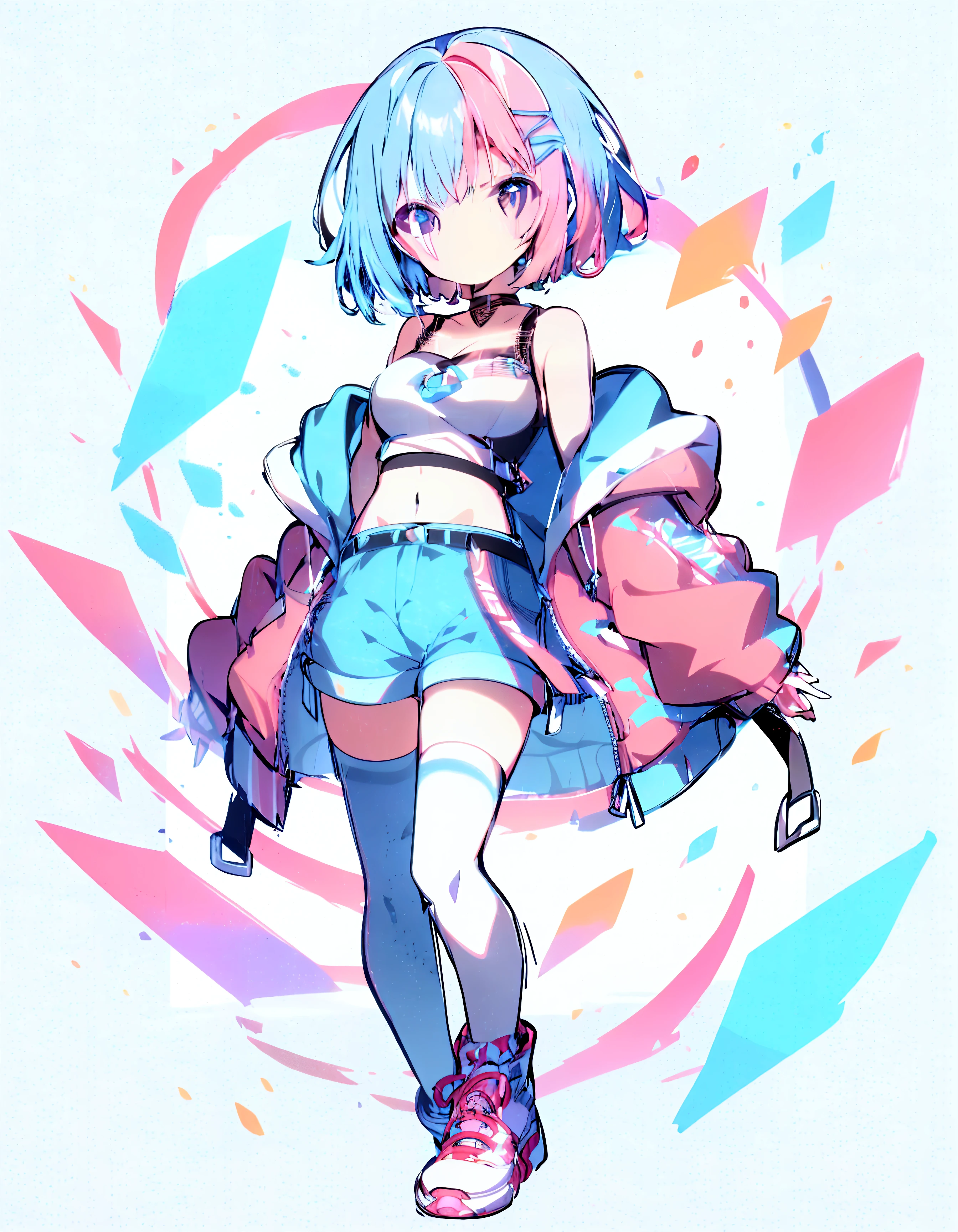 top-quality、Masterpiece、hi-school girl、Hair color is pink、bob、Light blue eyes、Wearing a hoodie with moe sleeves、huge tit、Crouch Panty Shot