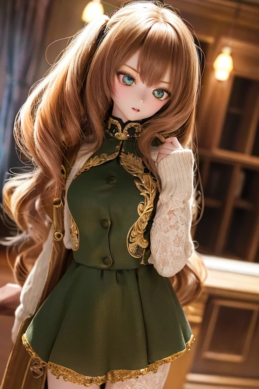 photorealistic, realistic photo, ((highest quality)), ((masterpiece)), detailed, kukolnydom, doll, (mature woman, 22yo, 22 years old:1.6), solo, ((cowboy shot, dynamic pose)), (skinny, slender, slim, parted lips), green eyes, brown hair, (looking at another, gradient eyes, shining eyes, detailed eyes, detailed face:1.3), dress, museum, 8k