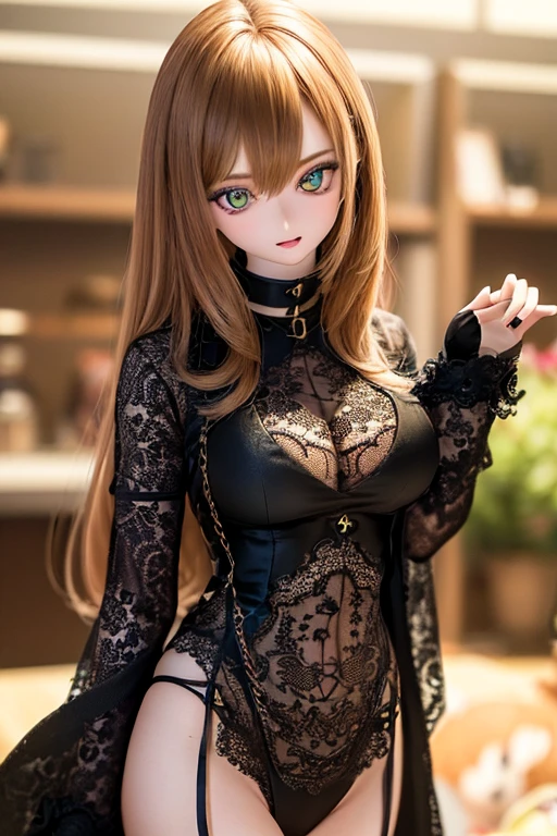 photorealistic, realistic photo, ((highest quality)), ((masterpiece)), detailed, kukolnydom, doll, (mature woman, 22yo, 22 years old:1.6), solo, ((cowboy shot, dynamic pose)), (skinny, slender, slim, parted lips), green eyes, brown hair, (looking at another, gradient eyes, shining eyes, detailed eyes, detailed face:1.3), dress, museum, 8k