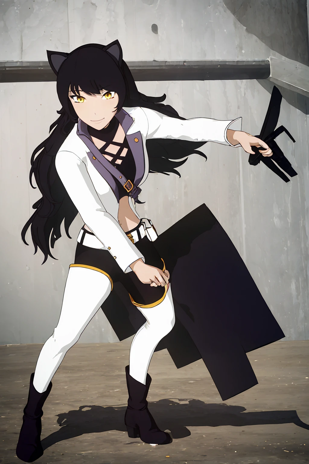 (((full body photo))) ((masterpiece,best quality)), 
Blake_RWBY,   1girl, solo, black hair, long hair, cat ears, animal ears, yellow eyes,
 belt, midriff, pants, jacket, 
solo, smiling, looking at viewer, cowboy shot,