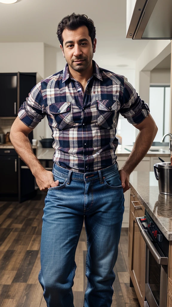 arafed man in a plaid shirt and jeans standing in a kitchen, wearing a shirt and a jean, wearing in shirt, wearing a flannel shirt, wearing a shirt, dancing in the background, wearing tight shirt, full body picture, wearing jeans, wearing a dark shirt and jeans, zoomed out full body, wearing only pants, he is dancing