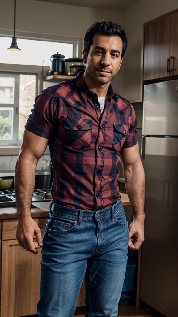 arafed man in a plaid shirt and jeans standing in a kitchen, wearing a shirt and a jean, wearing in shirt, wearing a flannel shirt, wearing a shirt, dancing in the background, wearing tight shirt, full body picture, wearing jeans, wearing a dark shirt and jeans, zoomed out full body, wearing only pants, he is dancing