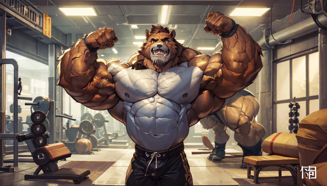 (best quality, 4k, highres, masterpiece:1.2), 1bear, 1boy, ultra-detailed, fury, furry art (realistic, photorealistic, photo-realistic:1.37), massive muscular, huge muscular, chubby Grizzly bear, working out, incline bench press, workout in the gym, pumping his huge pectoral muscles, straining, sweating, black shorts and black wristbands, lifting heaviest weight, barbells, gym equipments, brown hair, thick brown fur, super thick arms, super big pectoral, super wide hairy pectoral, ???????, shirtless, eyebrows, impressive brown beard, strong jawline, kind eyes, strong arms, proud posture, well-built physique, professional lighting and backdrop, intense shadows, vibrant colors, dramatic composition, gritty texture, vintage aesthetic, dynamic perspective. Add textures and details to make the image more realistic, such as the appearance of the body built muscles texture and the appearance of the brown fur, pumping up Bench Press 500lbs raw paused x2 405x10 paused of swollen muscles
