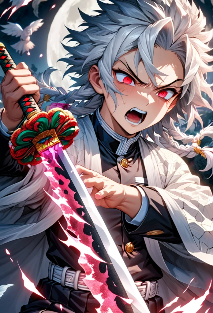 Ultra detailed, highres, absurdres, HDR, master piece, anime men, pretty boy, white hair with one red streaks, expressive red eyes, white haori, black demon slayer uniform, Kimetsu No Yaiba, fantasy, golden details, white flowers, handsome, sexy men grabbing a sword, solo, magic, shining golden details, white moon, best quality, extremely detailed face and eyes, blood, grabbing a sword, fighting, deep and calm face expression, angel power, golden details of power
