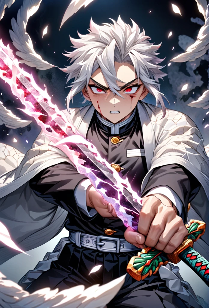 Ultra detailed, highres, absurdres, HDR, master piece, anime men, pretty boy, white hair with one red streaks, expressive red eyes, white haori, black demon slayer uniform, Kimetsu No Yaiba, fantasy, golden details, white flowers, handsome, sexy men grabbing a sword, solo, magic, shining golden details, white moon, best quality, extremely detailed face and eyes, blood, grabbing a sword, fighting, deep and calm face expression, angel power, golden details of power