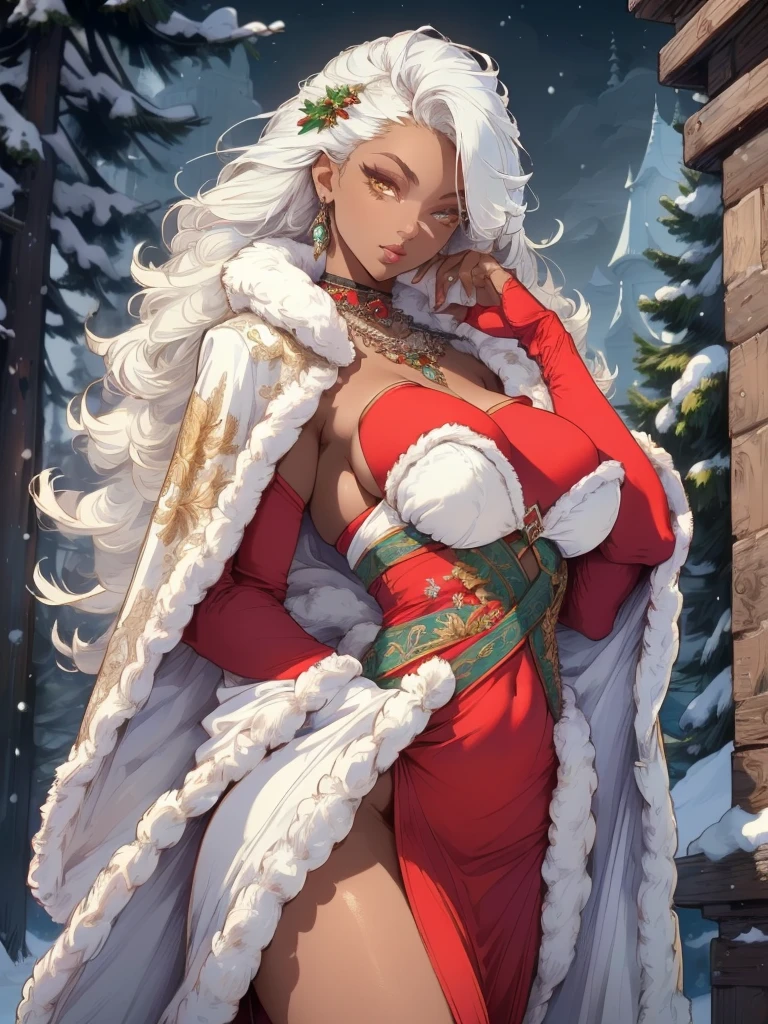 Woman,1 Woman,((milf,mom,mellow,mellow Woman,age 45, Woman,grown-up)),(breasts big:1.5),saggy breasts,(((White hair:1.4,slickedback hair,long hair:1.4,colored inner hair))),((yellow_eyeballs:1.3)),intricate eyeballs,beautiful detailed eyeballs,symmetrical eyeballs,((((darkskin:1.4,shining skin:1.5,shining skin: 1.5,skin tanned,shining skin,very shining skin,shinny body,brightened skin)))),(spider lower abdomen,narrow waisted,wide hip,baby bodysuit,inflated legs,delicate and detailed fingers),(((face detailed))),
cute,slutty,sensuous,seducer look,seducer,((Erotic)),opulent,sumptuous,eagerly,((nsfw)),
Queen,goddess,fancy,(beautiful winter silver clothes,know that),((strapless redgown,very long red skirt,redgown)),(silver clothes),(((ice jewelry,intricate necklace,christmas jewelry,detailed outfit))),neckleace,know that,((eyeballshadow,elegant makeup,eyelid makeup,golden lips,golden lipstick)),((transparent loin cloth:1.1)), (((Sexy white fur coat, white fur coat outfit, wearing a white fur coat:1.3,winter white coat))),red gloves,(((intricate outfit,intricate clothes,embroidered clothing,ornate outfit,Embroidered clothes,ornate clothes))),
(dynamic pose:1.0),embarrased,(centred,scale to fit dimensions,rule of thirds),
((snowy pine forest at night)), with dark and stormy clouds,winter,scenario:1.25,((snow forest background)),Christmas tree,
high resolution,sharp focus,(ultra detaild,extremely detaild),(photorealistic art:1.37),(extremely detaild CG unity 8k wallpaper),(((swirly vibrant colors,vibrant theme))),(intricate),(work of art),(best qualityer),