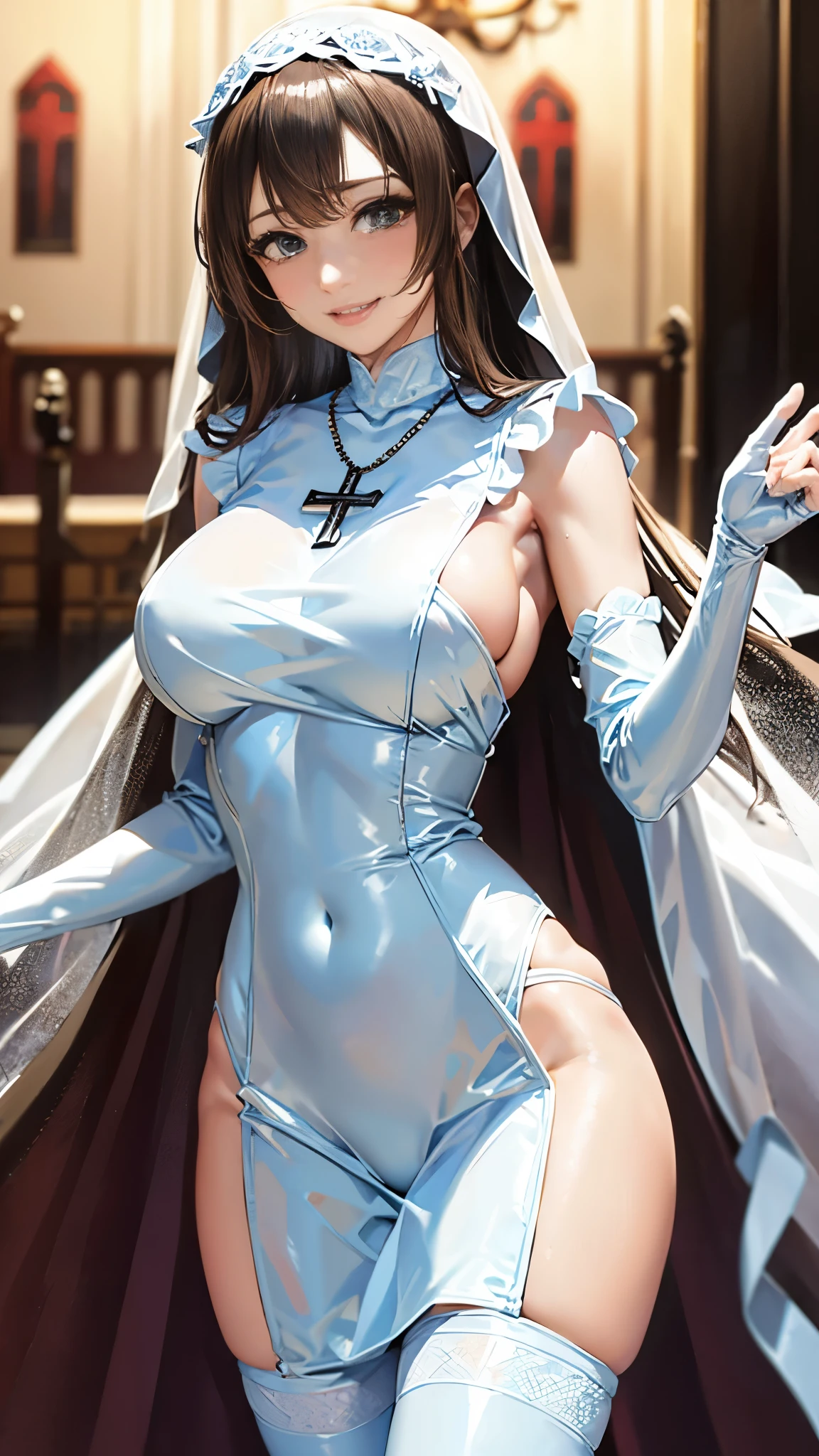 A beautiful woman dressed as a church sister, Strike a pose gracefully. She has a perfect face、, Expressive eyes, long flowing hair, And a kind smile. Her body is perfectly balanced, With a slim waist and beautiful curves. 彼女の教会のNunsたちの衣装は伝統的な要素で飾られている., Includes a modest dress with a veil and intricate embroidery. The embroidery is delicate, beautiful, Casually sexy, Enhance the elegance of your outfit. This dress has a high neck and long sleeves..., Decorated with lace and intricate patterns. The veil is of high quality, The translucent material flows gracefully over the shoulders... The background is soft and blurry、Focus on her.. Make your underarms look natural、Maintaining balance throughout the body. The character needs to appear graceful and confident.... Please show me your armpits, Embarrassing, Are crying, anger, (Nuns),(Cross Necklace), Latex bodysuit, Shiny clothes, Perfect fit for your skin, habit, Latex gloves,Black bodysuit,Thigh-high boots, No sleeve, 
