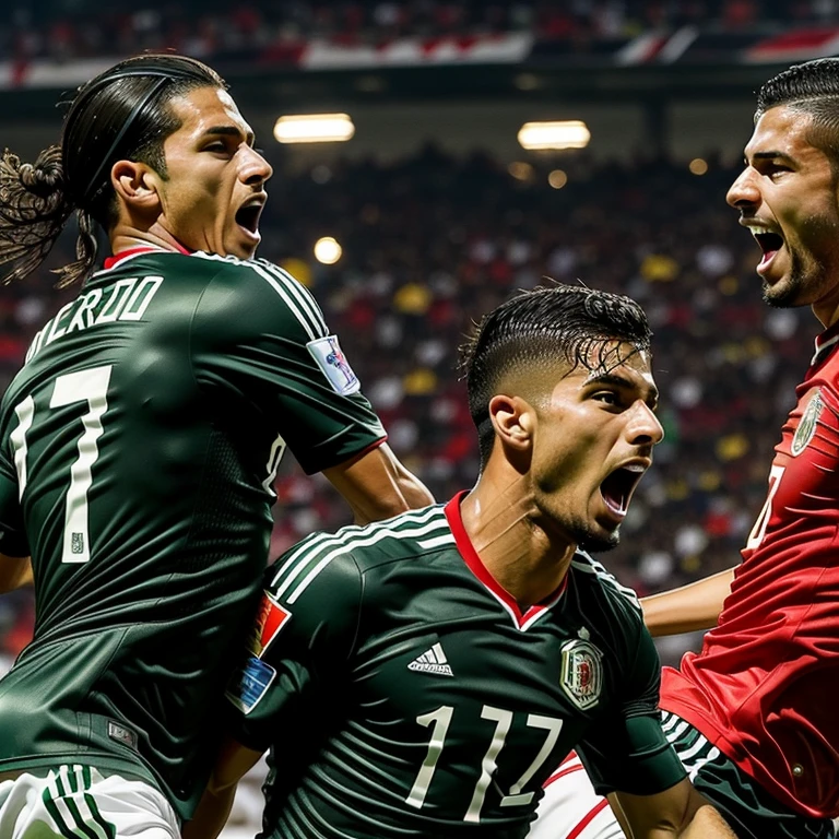a high energy soccer match between Mexico and Venezuela, players in uniforms of their national teams, the field bathed in bright stadium lights, dynamic and fast-paced action, close-up shots of players dribbling, shooting, and celebrating goals, vibrant colors of the teams' kits, a tense and thrilling atmosphere,all male players,authentic jerseys,detailed faces,detailed eyes