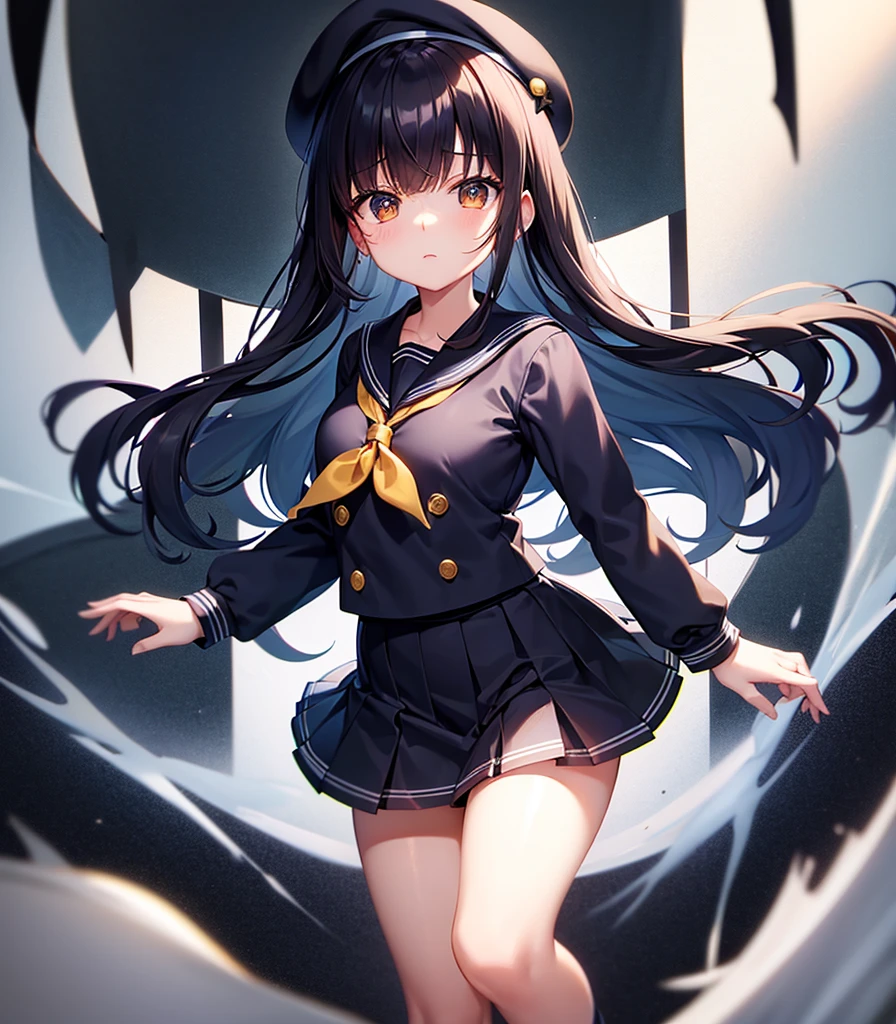 (Sailor suit),(((Navy Mini Skirt))),beret,,Cute little loli,Tiny Lori,Small girl,,Childish face, Very fine clean face,Top quality, Big eyes,Straight Hair,Yellow hair,Crimson Eye,(Dark Room), Subtle light, Natural light,Soft lighting,Light from directly behind, (Are standing), Cute pose, (Open your hands), Showing the whole body,Front view,Black background