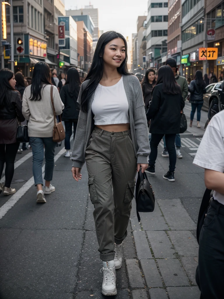 A young Asian woman with long black hair stands on a busy city street. She was wearing a gray cardigan with a white t-shirt top, cargo pants, trendy high-waisted army boots, and holding a smartphone. The background shows traffic lights, cars and other pedestrians. The image has a shallow depth of field, with the focus on the woman in the foreground. The lighting cast a warm glow on her hair and skin. She smiled faintly and seemed to be checking her cell phone while walking beautifully and trendily.