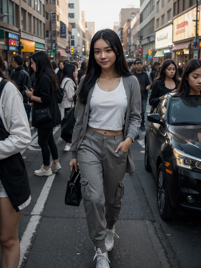 A young Asian woman with long black hair stands on a busy city street. She was wearing a gray cardigan with a white t-shirt top, cargo pants, trendy high-waisted army boots, and holding a smartphone. The background shows traffic lights, cars and other pedestrians. The image has a shallow depth of field, with the focus on the woman in the foreground. The lighting cast a warm glow on her hair and skin. She smiled faintly and seemed to be checking her cell phone while walking beautifully and trendily.