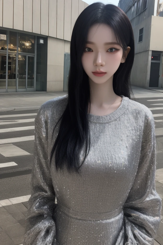 best quality, masterpiece, ultra high res, (photorealistic:1.4), karina a woman, light eye makeup, looking at the viewer, upper body photo, black longsleeves, at the streets