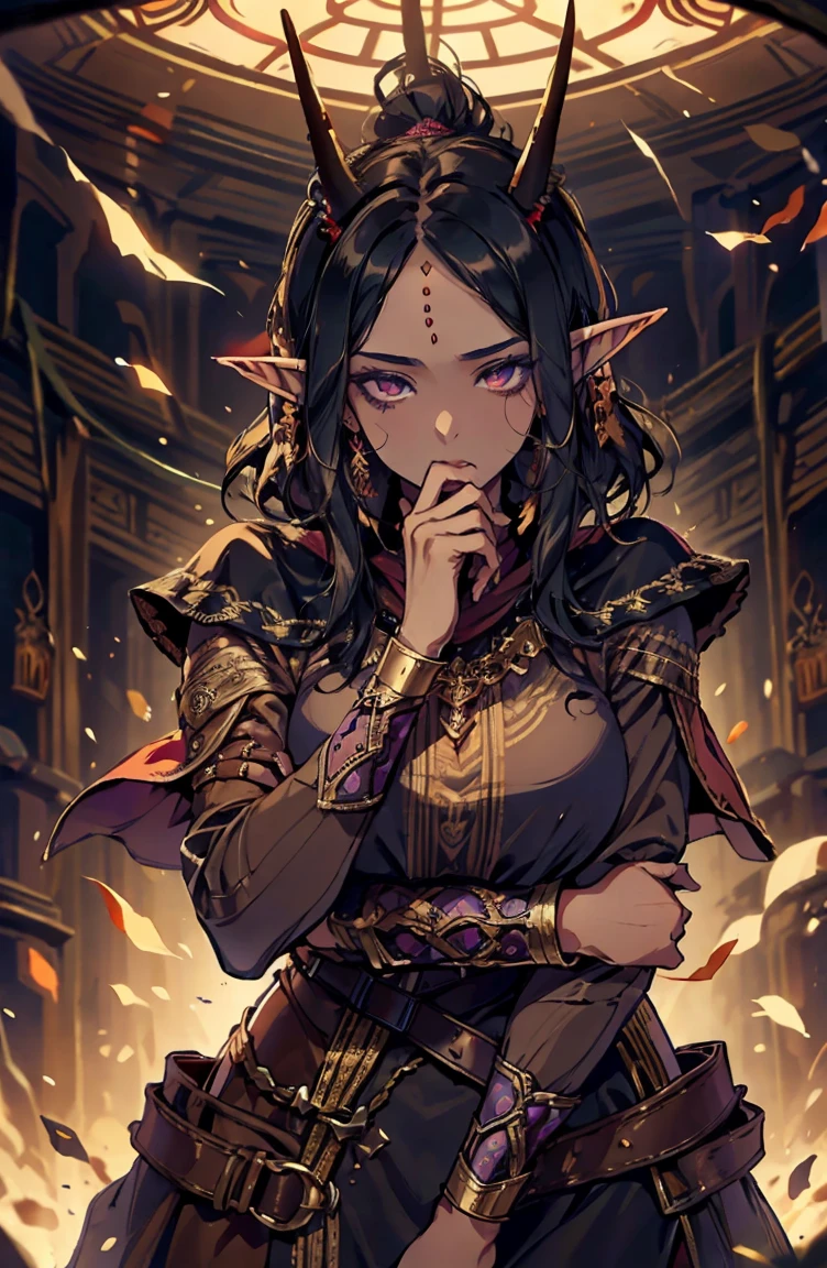 brown skin, older woman, sexy, tall, brown skin, bored, one wing, black hair, elf, elf ears, horns, dark clothing, purple clothing