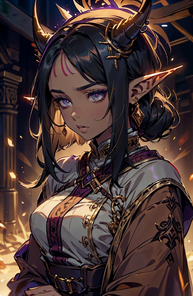 brown skin, older woman, sexy, tall, brown skin, bored, one wing, black hair, elf, elf ears, horns, dark clothing, purple clothing