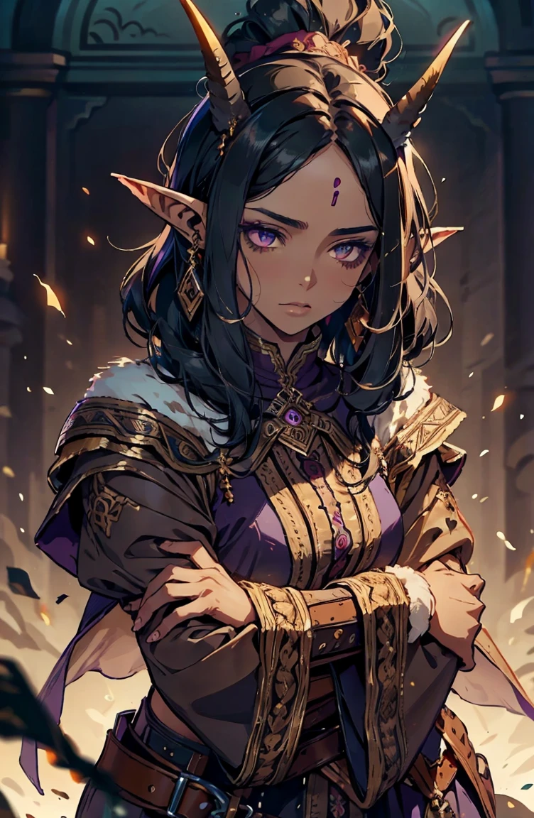 brown skin, older woman, sexy, tall, brown skin, bored, one wing, black hair, elf, elf ears, horns, dark clothing, purple clothing